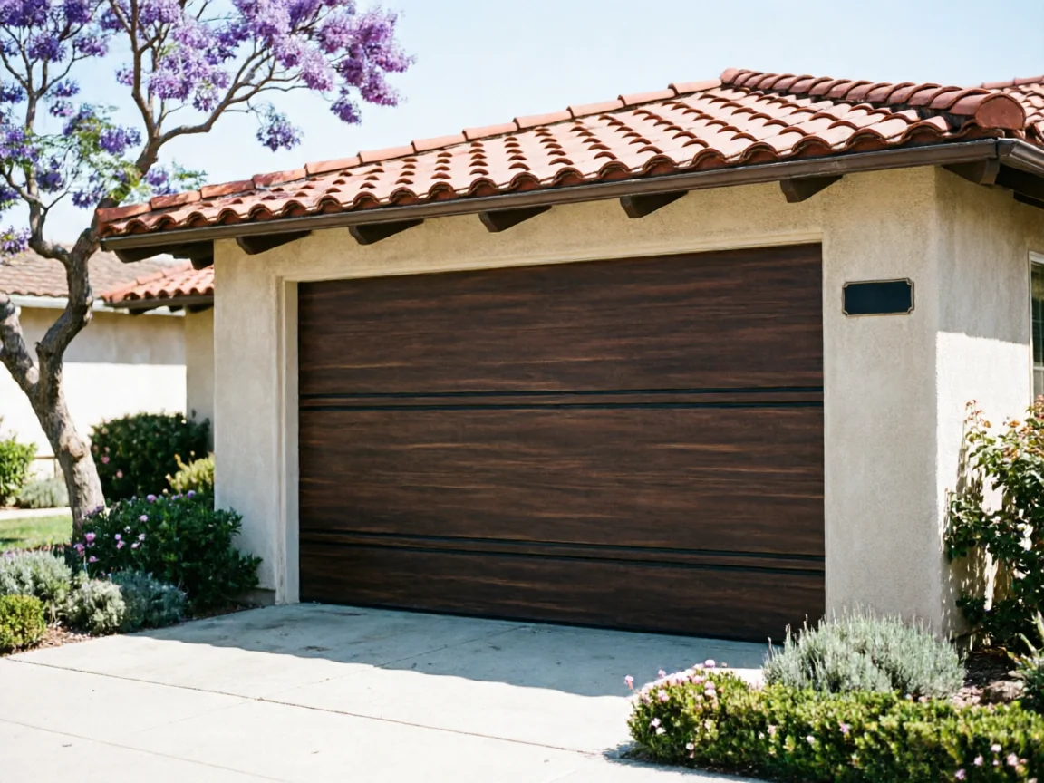 A dark wood-look garage door is on a stucco house with a red tile roof.